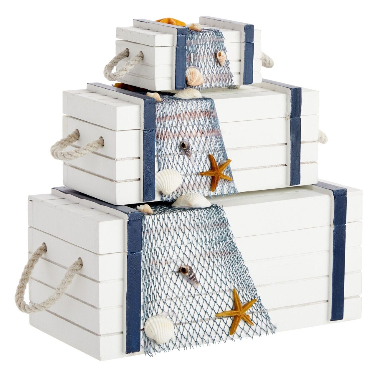 Juvale Nautical Wooden Jewelry Box Set - Navy Blue & White Jewelry Storage & Nautical Decor Boxes with Lids - Coastal Decor Table Centerpiece